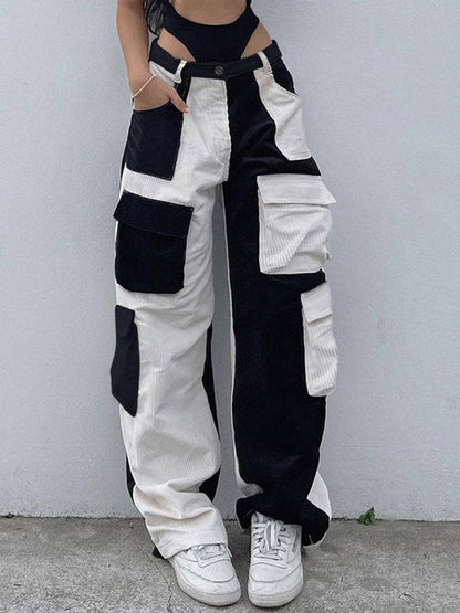 Baggy Boyfriend Corduroy Cargo Pants with Contrast Colors