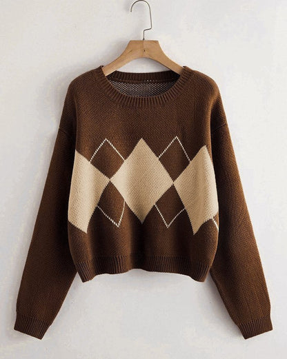 Vintage Brown Argyle Basic Sweater