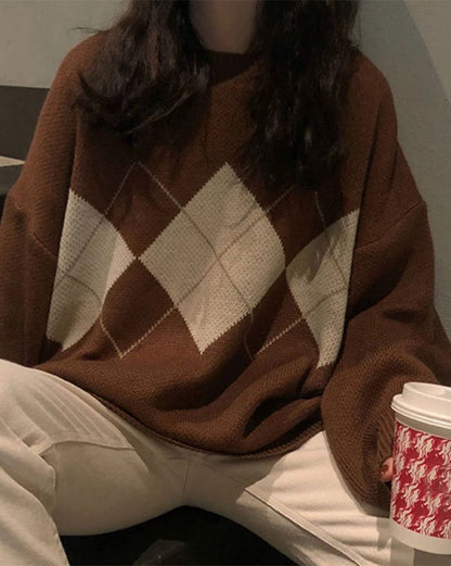 Vintage Brown Argyle Basic Sweater