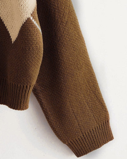 Vintage Brown Argyle Basic Sweater