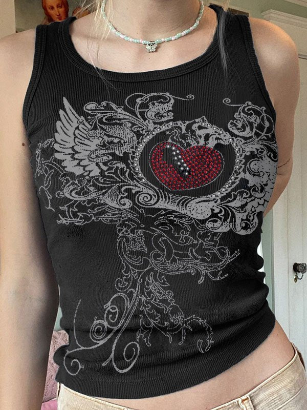 Ribbed Crop Tank Top with Heart Rhinestone Logo