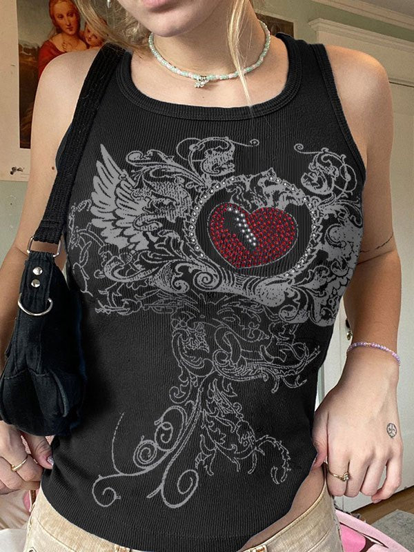 Ribbed Crop Tank Top with Heart Rhinestone Logo