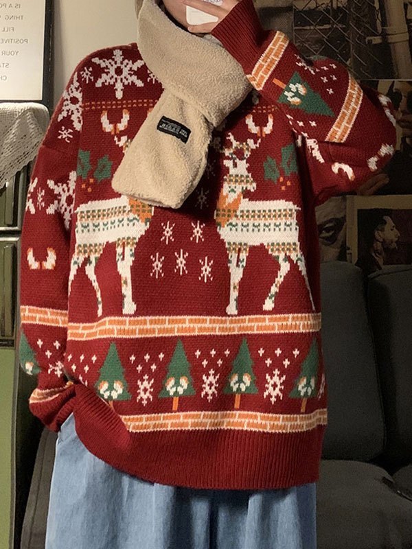 Vintage Oversize Christmas Sweater with Crew Neck and Deer Pattern