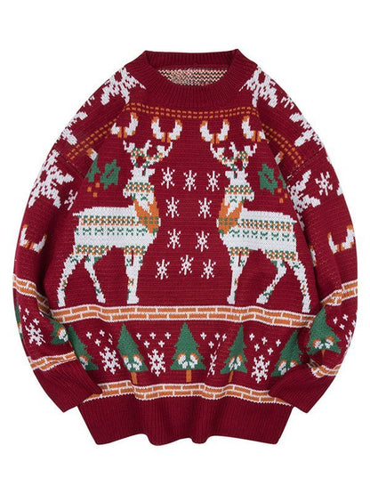 Vintage Crew Neck Sweater with Christmas Deer Print