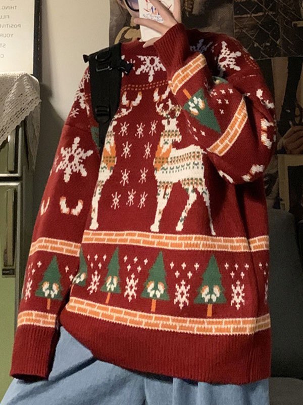 Vintage Crew Neck Sweater with Christmas Deer Print