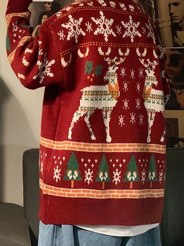 Vintage Oversize Christmas Sweater with Crew Neck and Deer Pattern