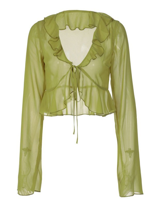 Blusa corta de manga larga con volante y malla transparente verde