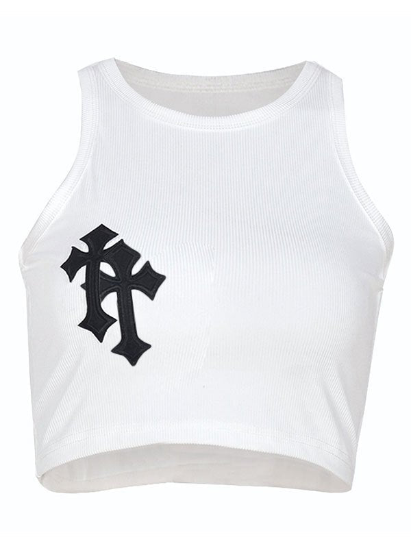 White Ribbed Crop Tank Top with Cross Patch