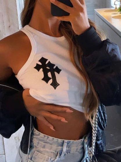 White Ribbed Crop Tank Top with Cross Patch