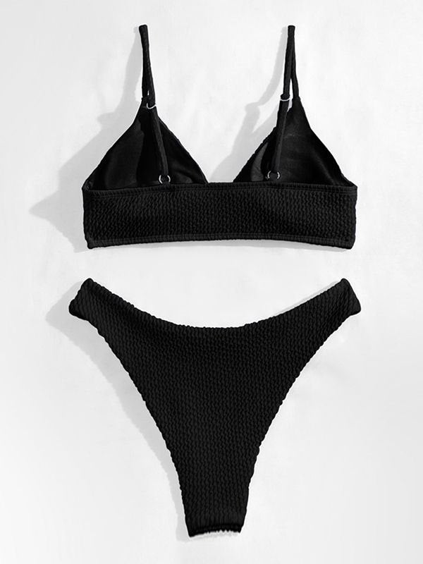 Plain smocked V-neck bikini set