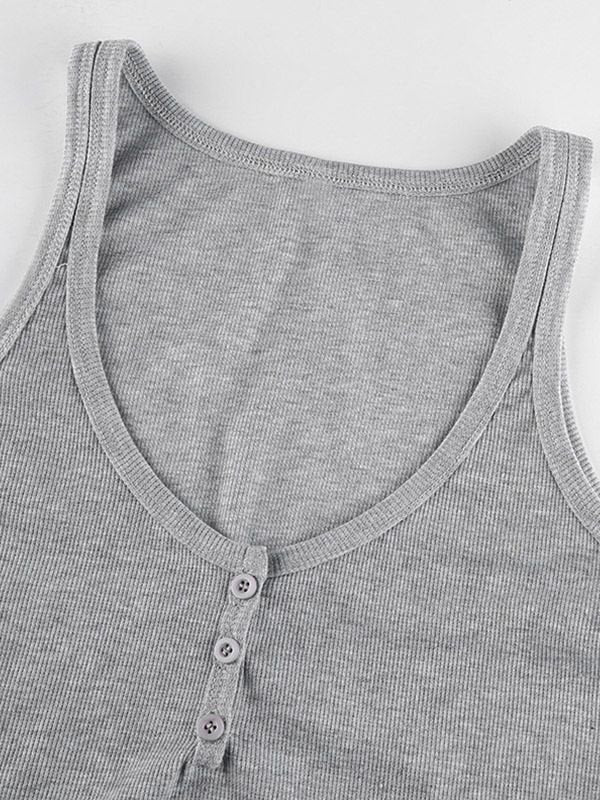 Grey Vintage Buttoned Rib Crop Tank Top