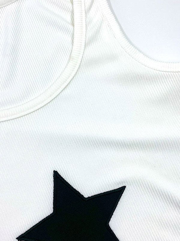 White Ribbed Crop Tank Top with Star Patch