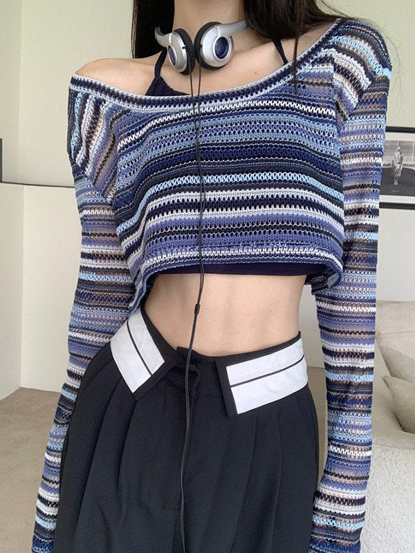 Contrast Striped Crochet Knit Crop Top