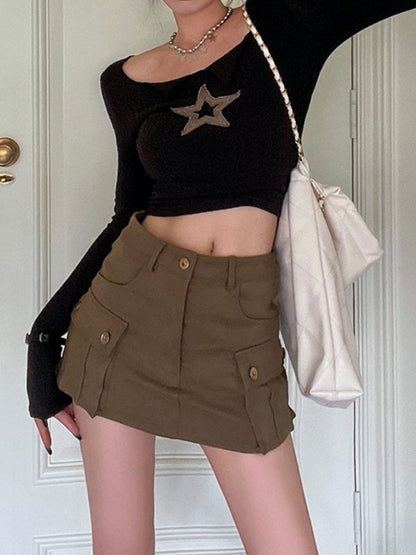 Black Star Patched Long Sleeve Knit Crop Top