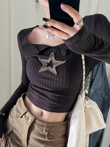 Black Star Patched Long Sleeve Knit Crop Top