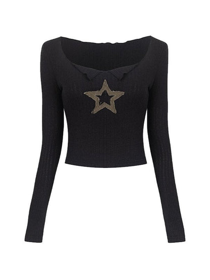 Black Star Patched Long Sleeve Knit Crop Top