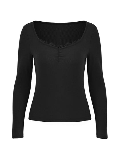 Black Long Sleeve Knit Top with Lace Detail