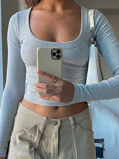 Grey Basic Long Sleeve Knit Crop Top