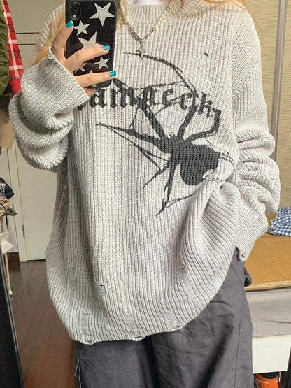 Grey Punk Ribbed Knit Sweater with Printed Spider