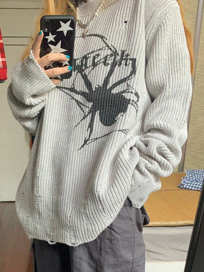 Grey Punk Ribbed Knit Sweater with Printed Spider