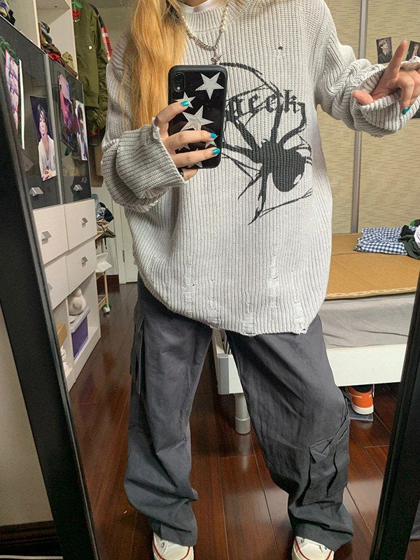 Gray punk rib knit sweater with printed spider