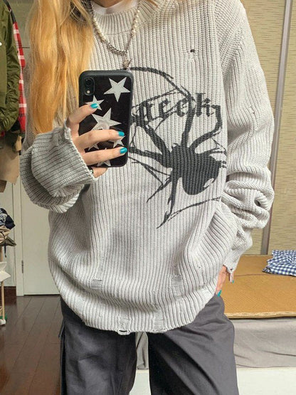 Suéter de punto acanalado punk gris con araña estampada