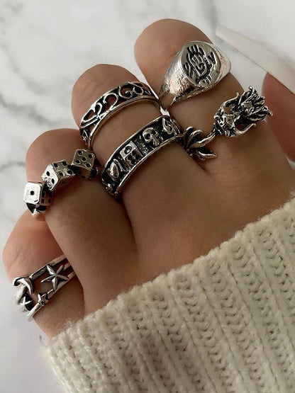 6pcs Silver Punk Skull Ring