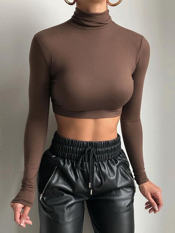 Solid Color Y2k Turtleneck Long Sleeve Crop Top