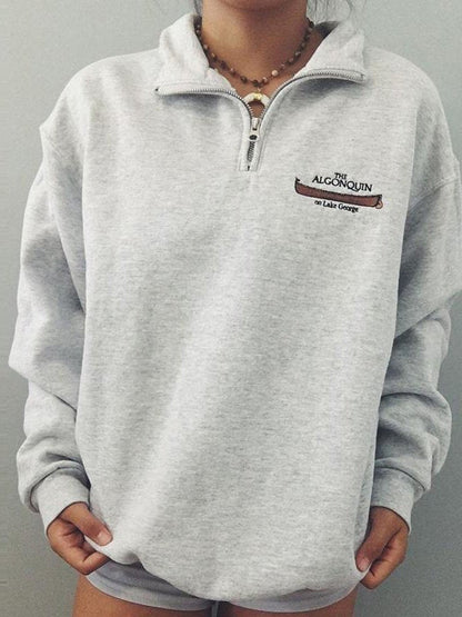 Grey Retro Sport Zip-Up Sweatshirt with Printed Slogan