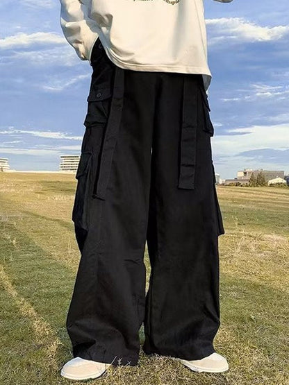 Men's Baggy Cargo Pants with Strap Detail and Pocket