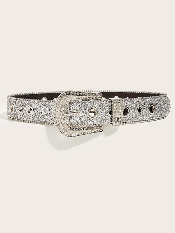 Hip Pop Embellished Sequin Buckle Belt with Rhinestone