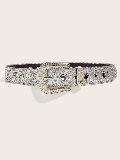 Hip Pop Embellished Sequin Buckle Belt with Rhinestone