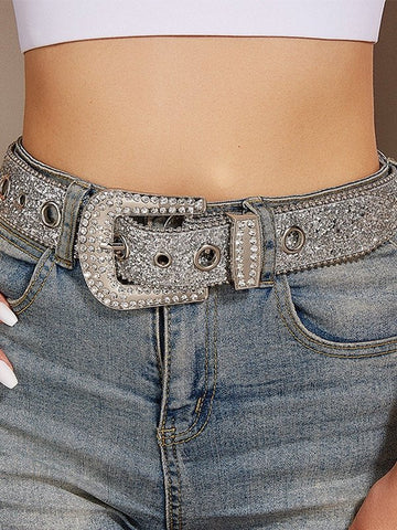 Hip Pop Embellished Sequin Buckle Belt with Rhinestone