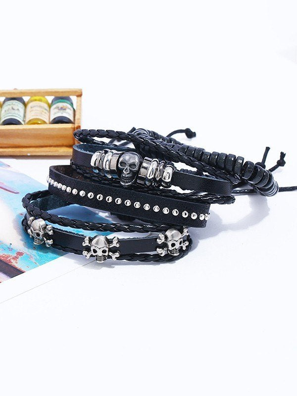 Punk 4pcs Pu Leather Bracelet Set with Skull