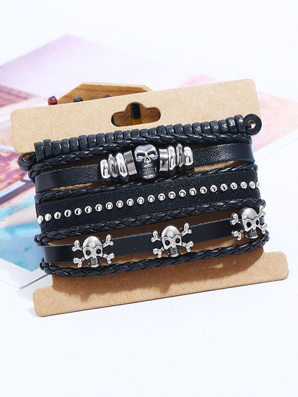 Punk 4 Teiliges PU Lederarmband Set mit Totenkopf