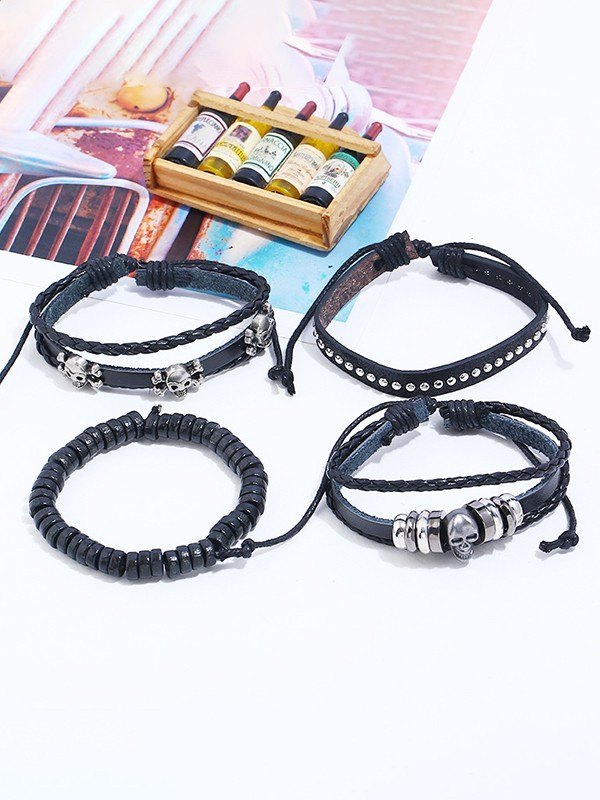 Punk 4 Teiliges PU Lederarmband Set mit Totenkopf