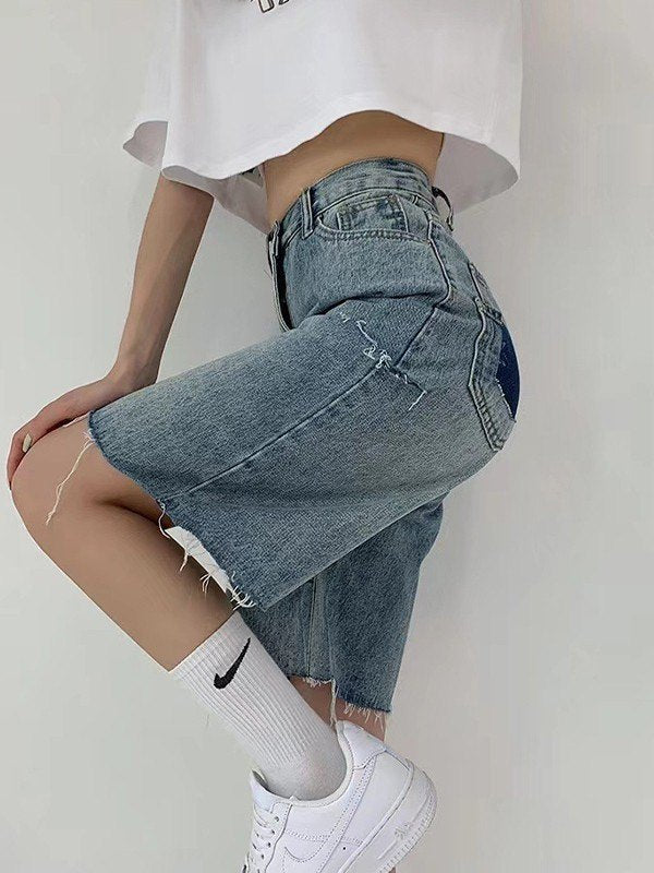 Knee Length Raw Hem Denim Shorts