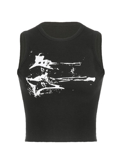 Black Rib Crop Tank Top with Guitar Motif