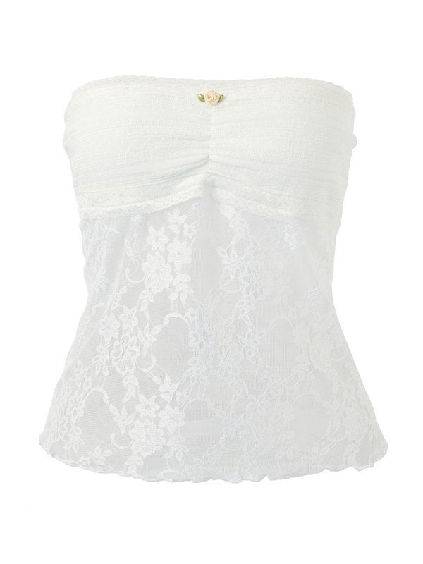 White Flower Lace Stitching Bandeau Top