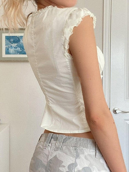 White Vintage Strap Slim Short Sleeve Blouse