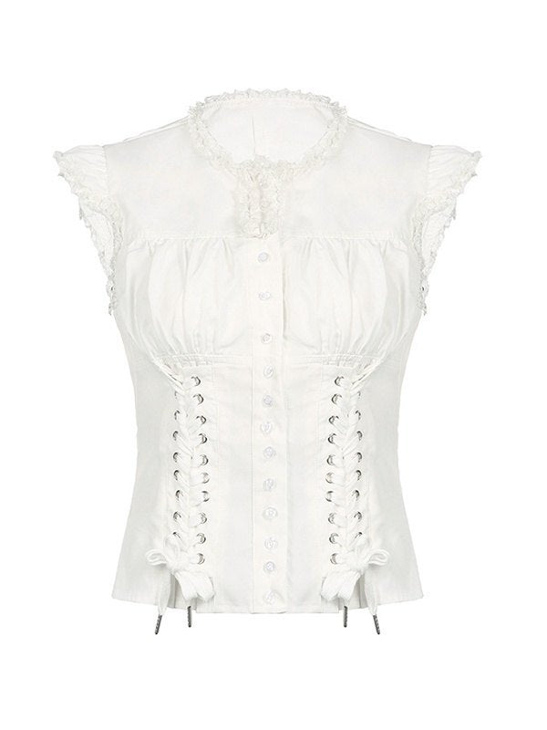 Blusa blanca de manga corta ajustada con tirantes estilo vintage