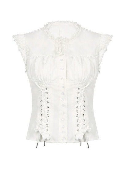 White Vintage Strap Slim Short Sleeve Blouse