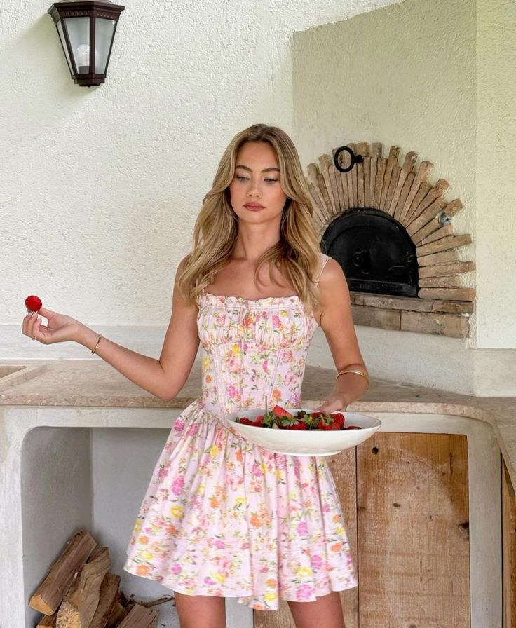 Pink Floral Mini Dress with Corset Bodice for Women - Caterina