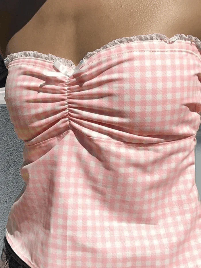 Sweet Plaid Bandeau Top with Lace Trim