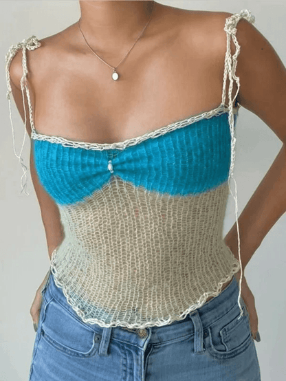 Vintage Lace Up Knitted Slim Crop Cami Top