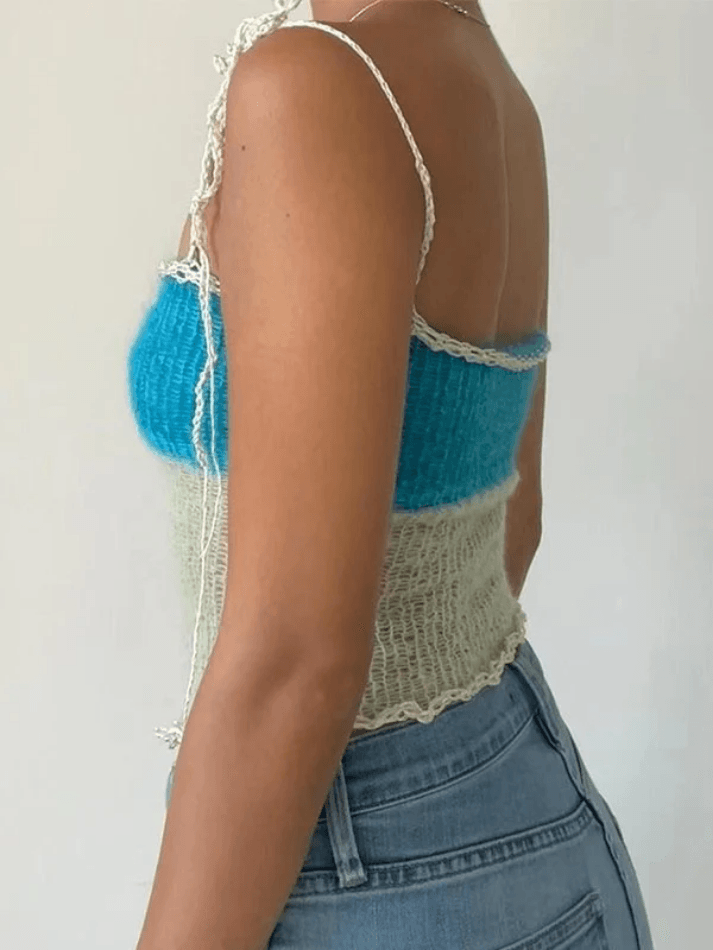 Vintage Lace Up Knitted Slim Crop Cami Top