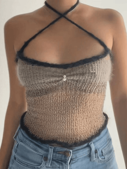 Vintage Lace Up Knitted Slim Crop Cami Top