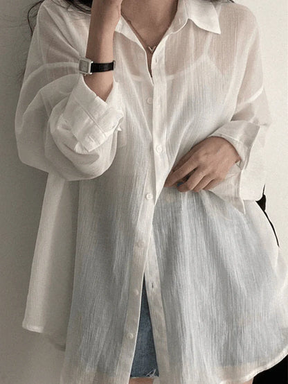 White Classic Lightweight Sheer Long Sleeve Blouse