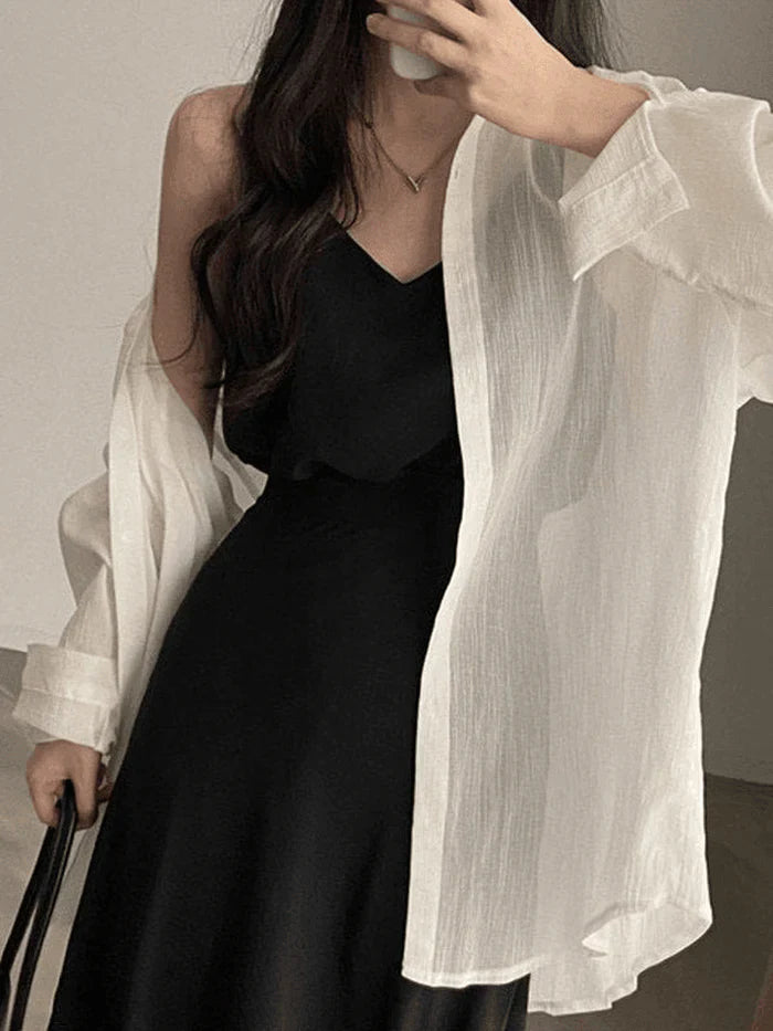 White Classic Lightweight Sheer Long Sleeve Blouse