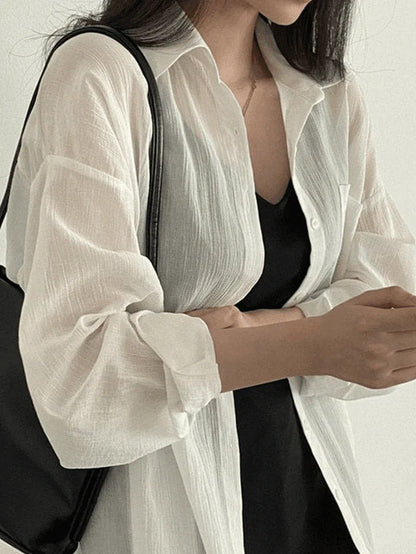 White Classic Lightweight Sheer Long Sleeve Blouse